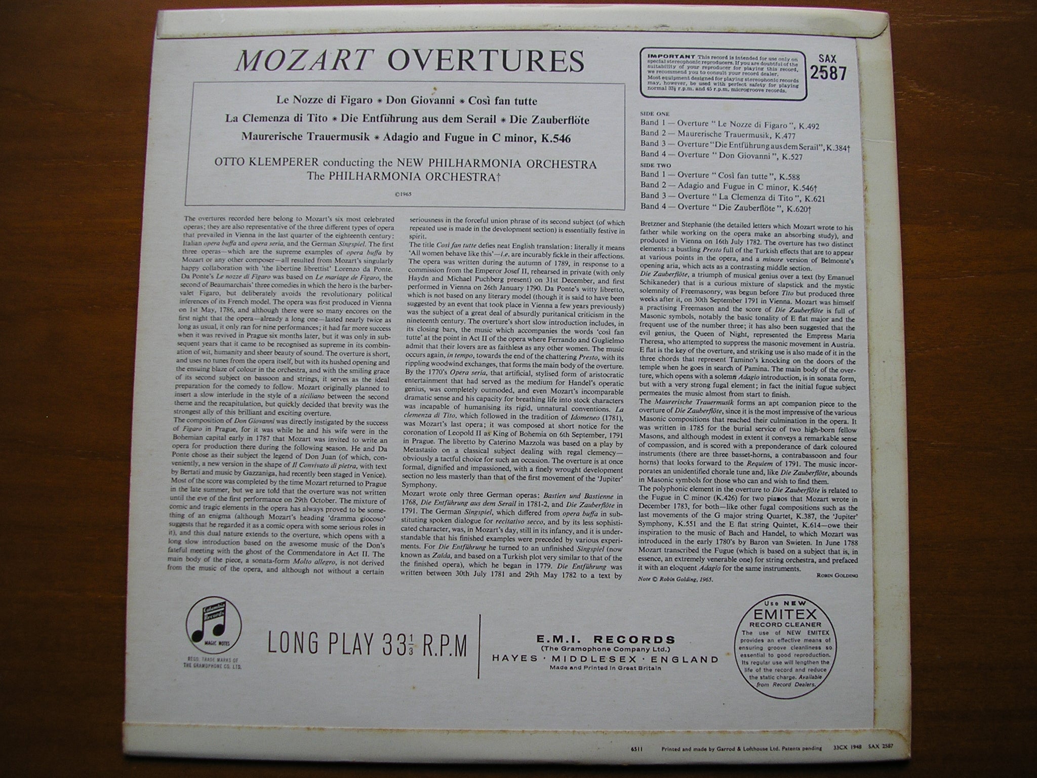 MOZART: OVERTURES     KLEMPERER / NEW PHILHARMONIA / PHILHARMONIA       SAX 2587