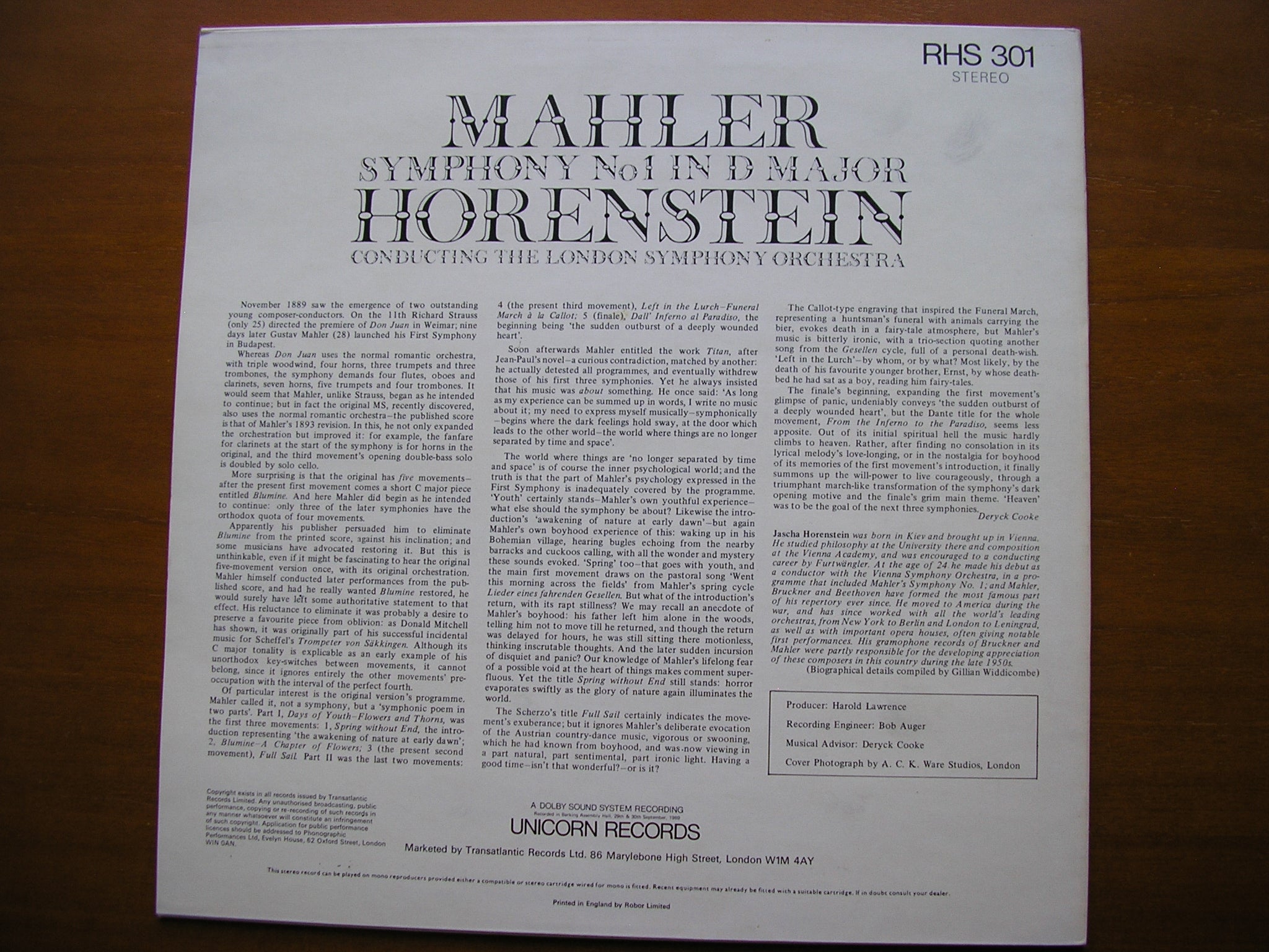 MAHLER: SYMPHONY No. 1       HORENSTEIN / LONDON SYMPHONY     RHS 301