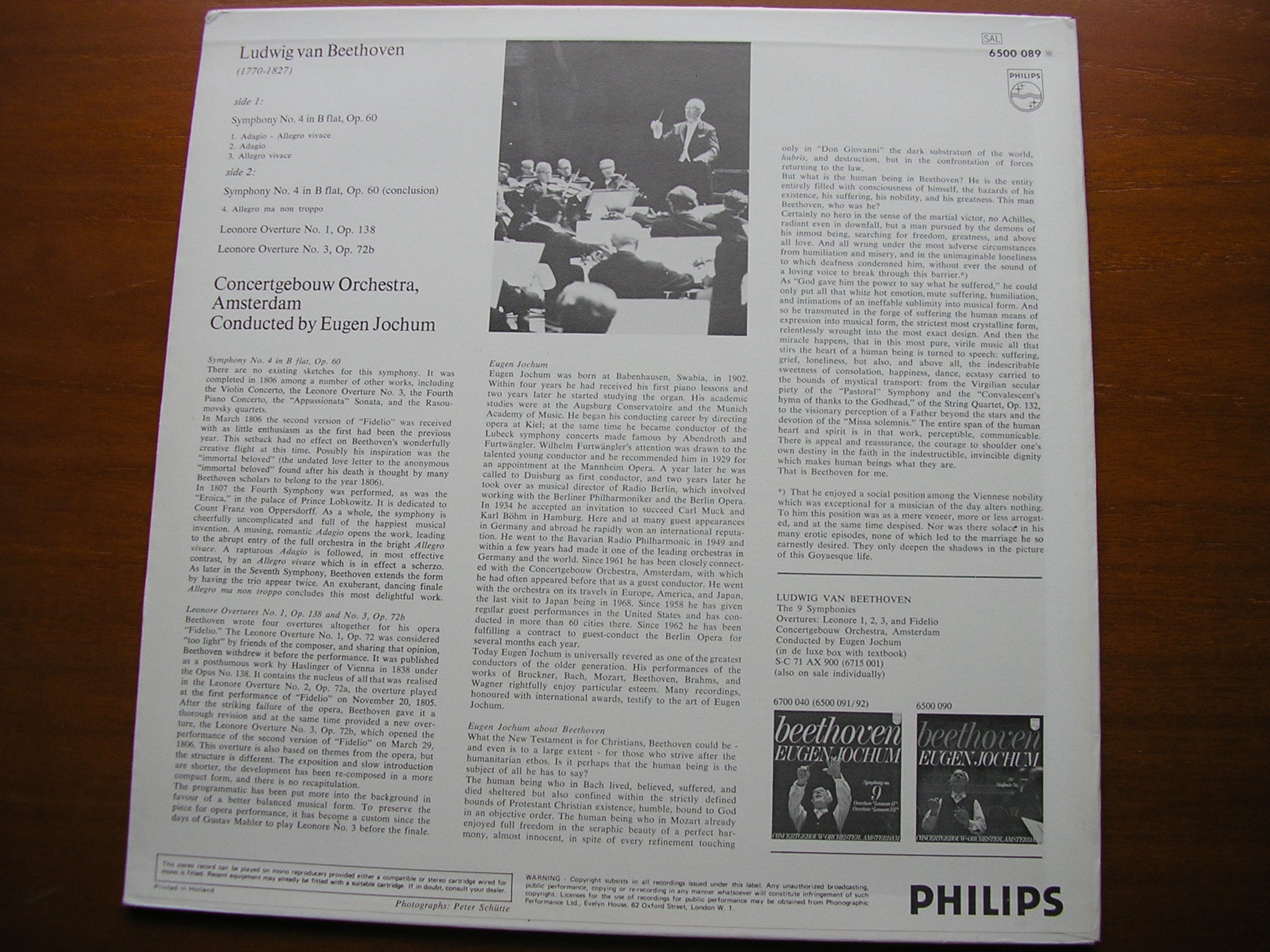 BEETHOVEN: SYMPHONY No. 4 / OVERTURES: Leonore Nos. 1 & 3    JOCHUM / CONCERTGEBOUW ORCHESTRA  6500 089