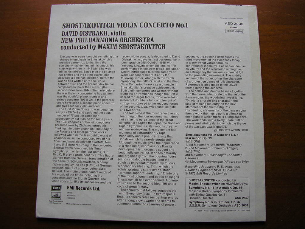 SHOSTAKOVICH: VIOLIN CONCERTO No. 1    OISTRAKH / NEW PHILHARMONIA / MAXIM SHOSTAKOVICH   ASD 2936