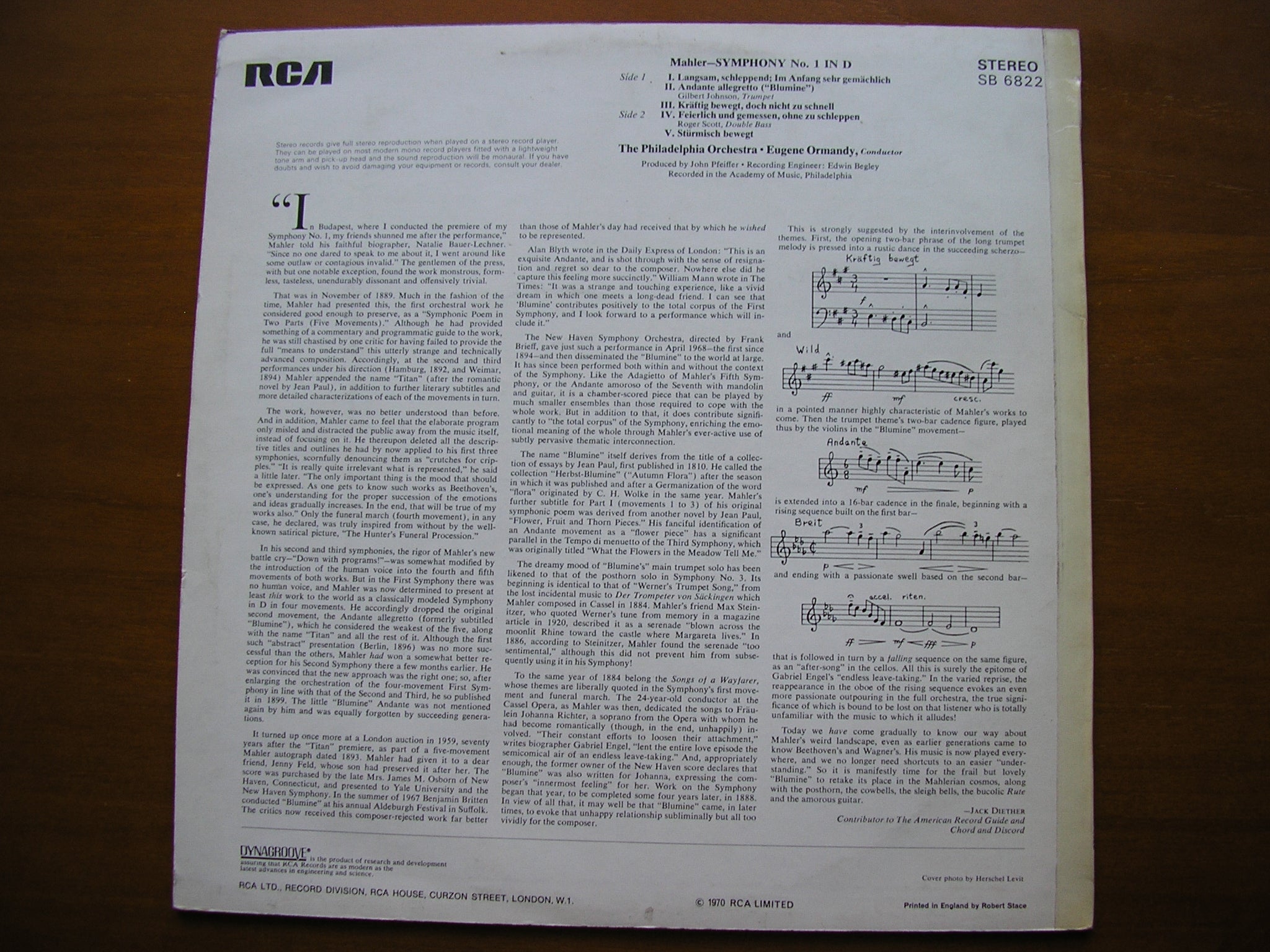 MAHLER: SYMPHONY No. 1       ORMANDY / PHILADELPHIA ORCHESTRA      SB 6822