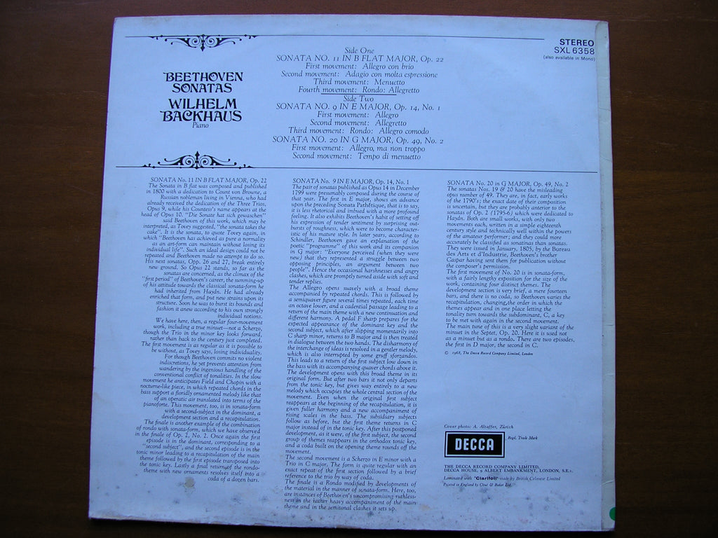 SXL 6358  BEETHOVEN: PIANO SONATAS Nos. 9 / 11 / 20      BACKHAUS      ED2