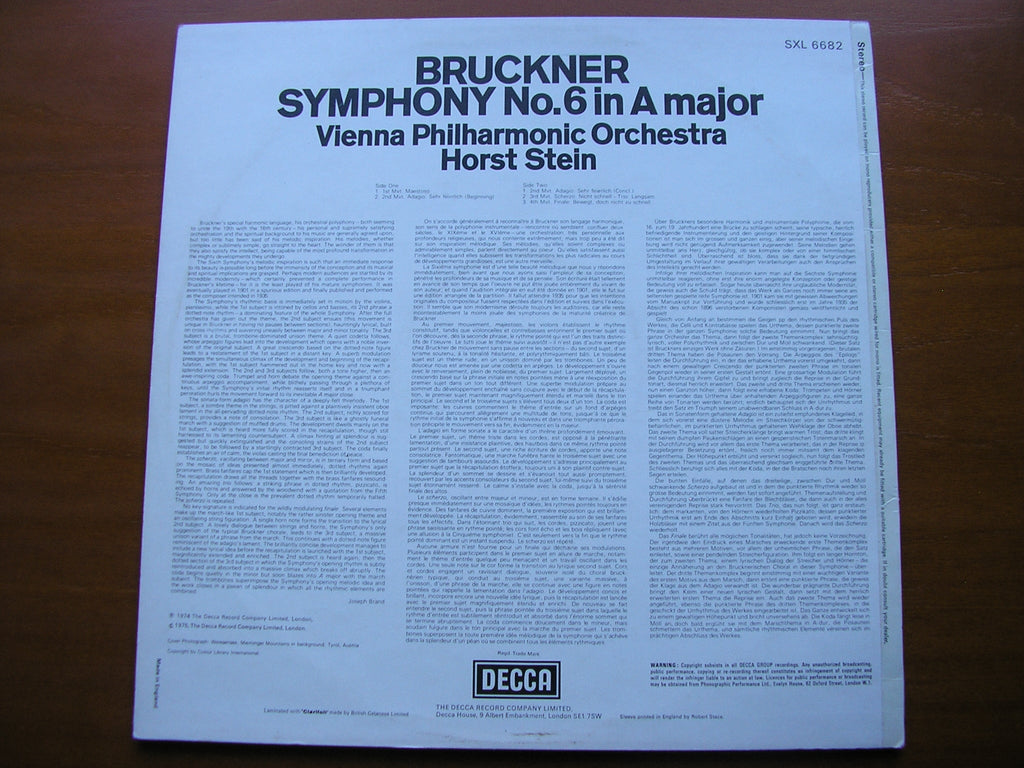 SXL 6682 BRUCKNER: SYMPHONY No. 6 STEIN / VIENNA PHILHARMONIC