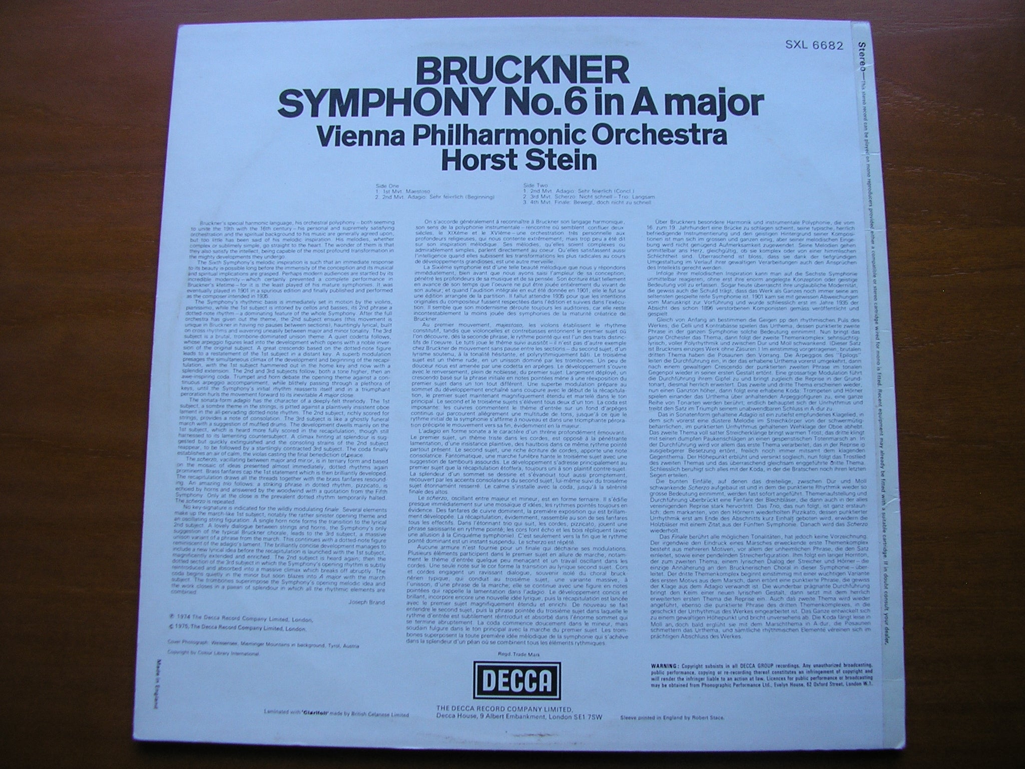 SXL 6682 BRUCKNER: SYMPHONY No. 6 STEIN / VIENNA PHILHARMONIC