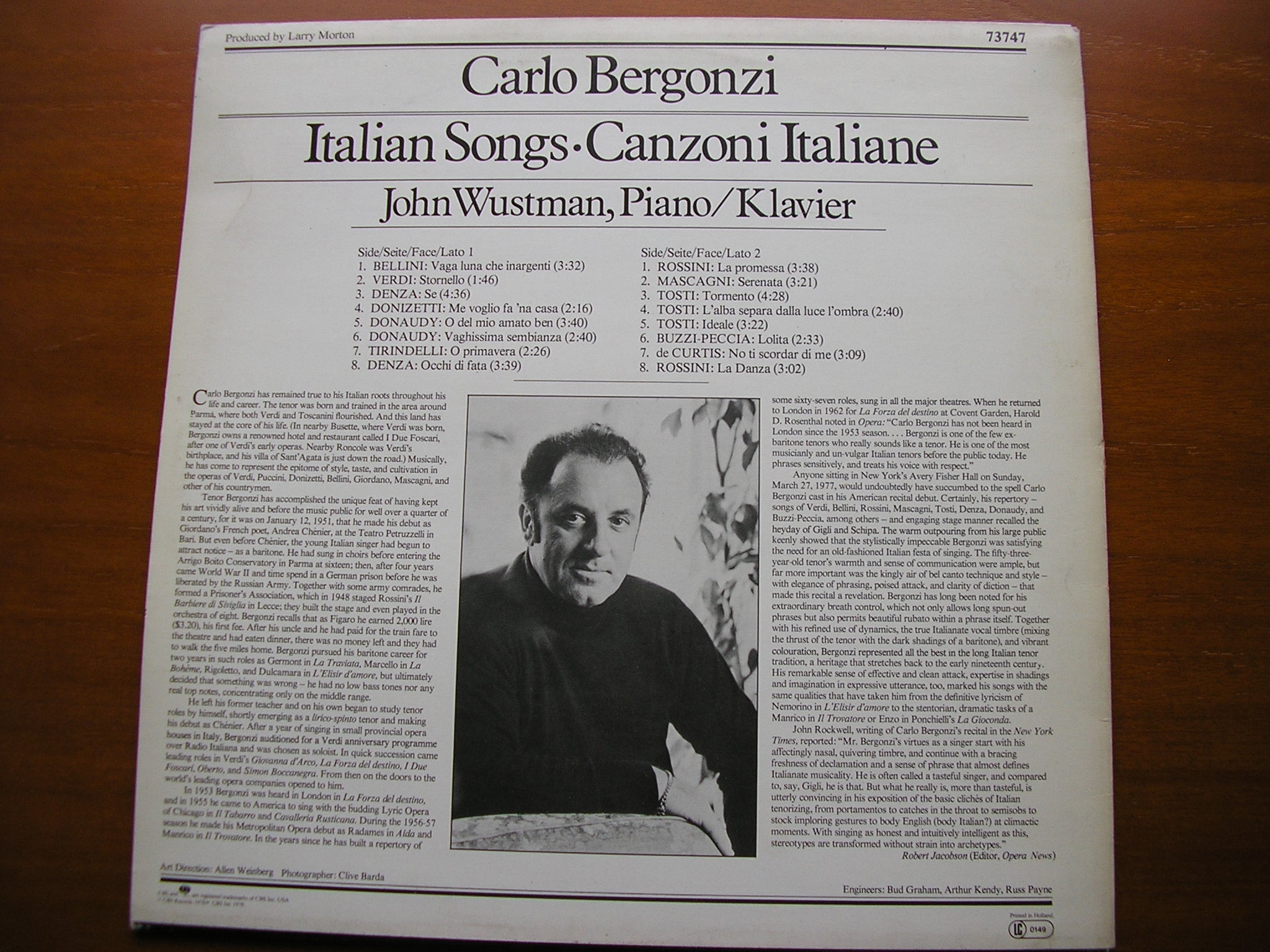 CARLO BERGONZI SINGS ITALIAN SONGS: DENZA / DONAUDY / VERDI / BELLINI / DONIZETTI / ROSSINI / TOSTI / MASCAGNI / de CURTIS    73747