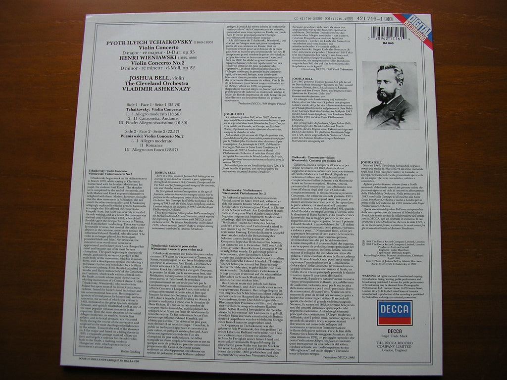 TCHAIKOVSKY: VIOLIN CONCERTO / WIENIAWSKI: VIOLIN CONCERTO No. 2   BELL / CLEVELAND ORCHESTRA / ASHKENAZY   421 716