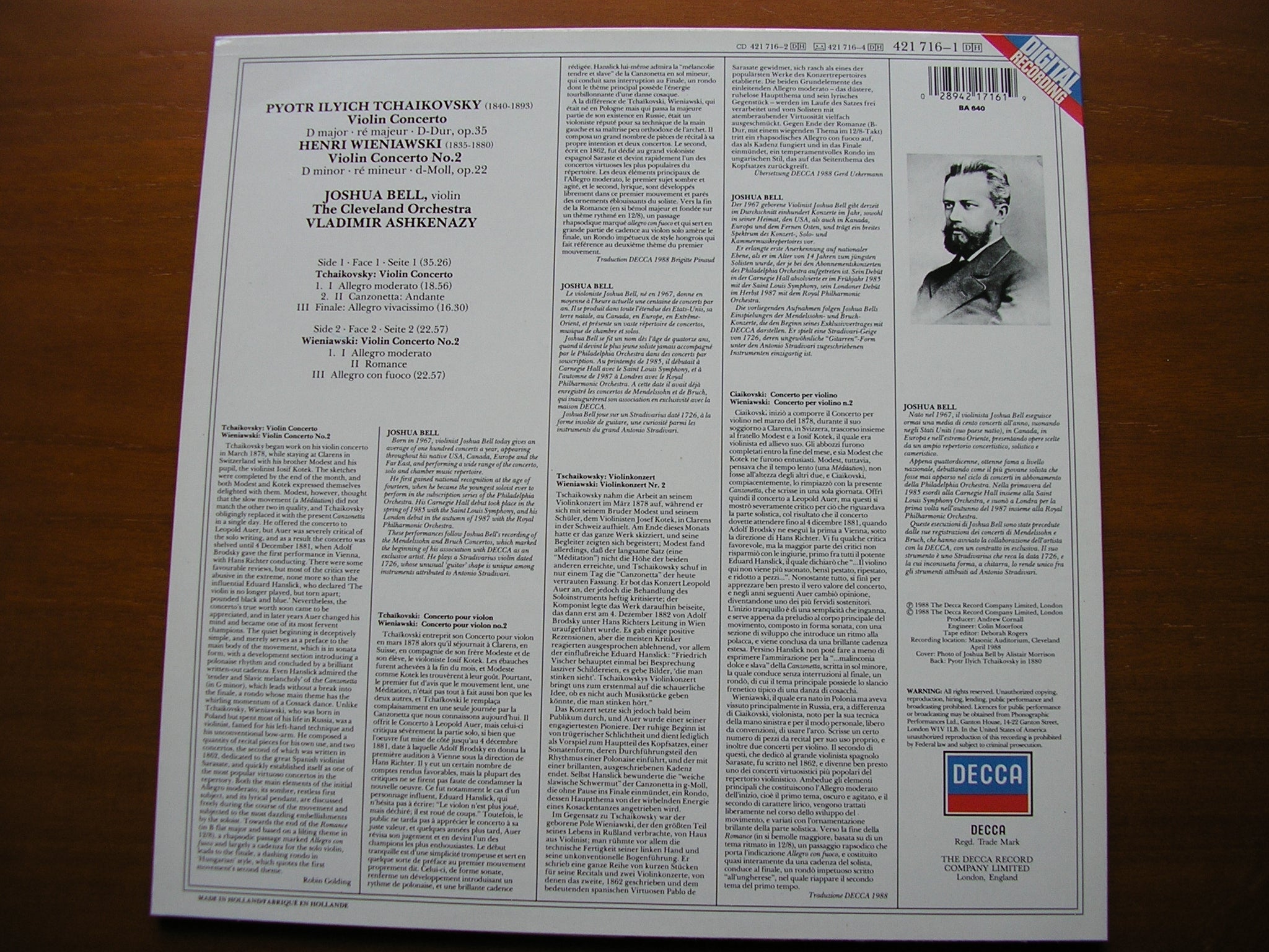 TCHAIKOVSKY: VIOLIN CONCERTO / WIENIAWSKI: VIOLIN CONCERTO No. 2   BELL / CLEVELAND ORCHESTRA / ASHKENAZY   421 716