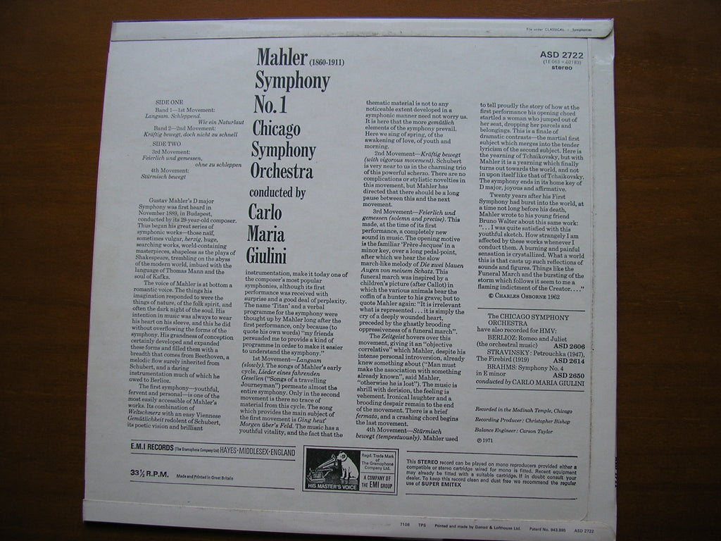 MAHLER: SYMPHONY No. 1         GIULINI / CHICAGO SYMPHONY      ASD 2722