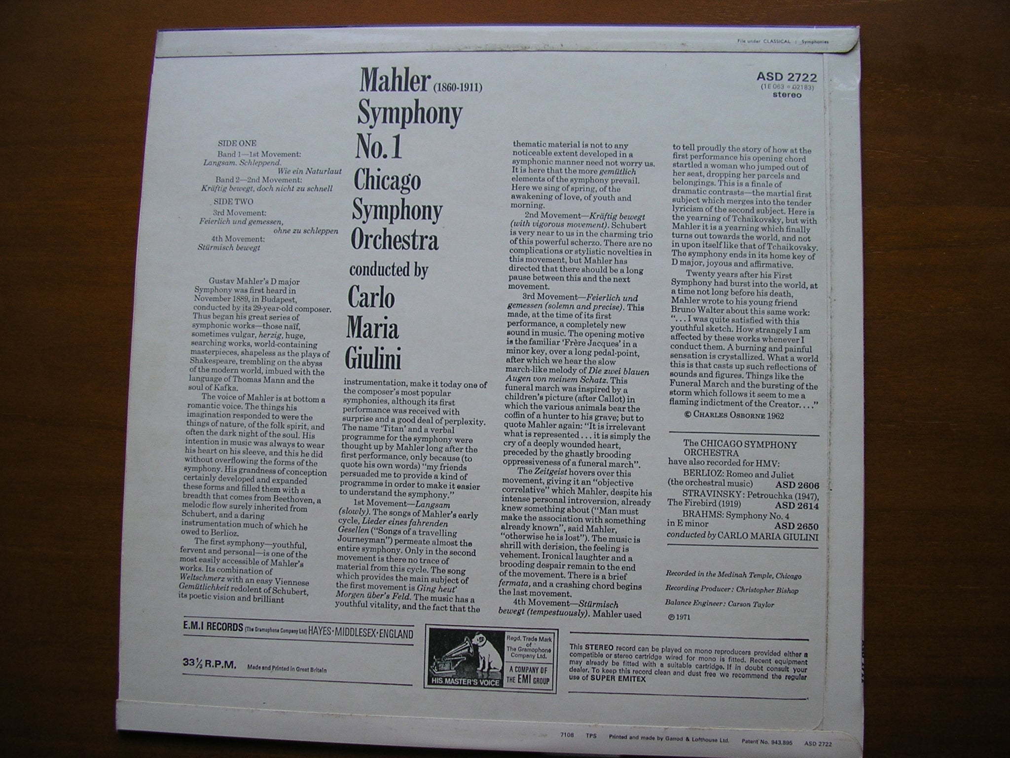 MAHLER: SYMPHONY No. 1         GIULINI / CHICAGO SYMPHONY      ASD 2722