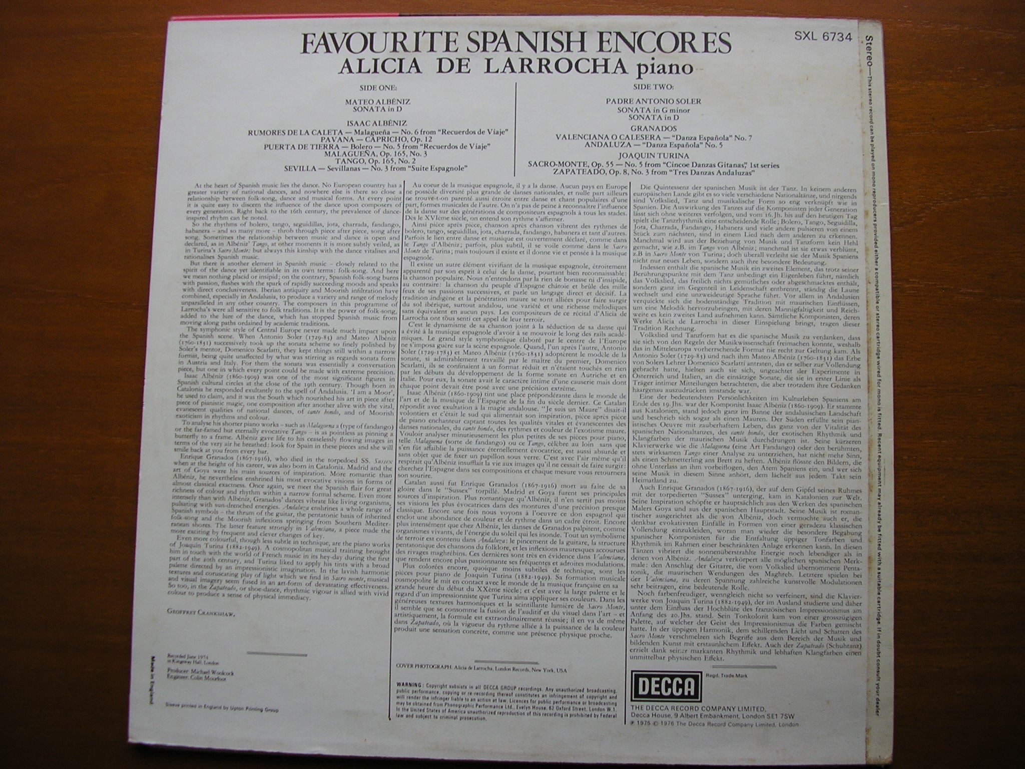 SXL 6734 FAVOURITE SPANISH ENCORES: SOLER / GRANADOS / TURINA / ALBENIZ ALICIA DE LARROCHA
