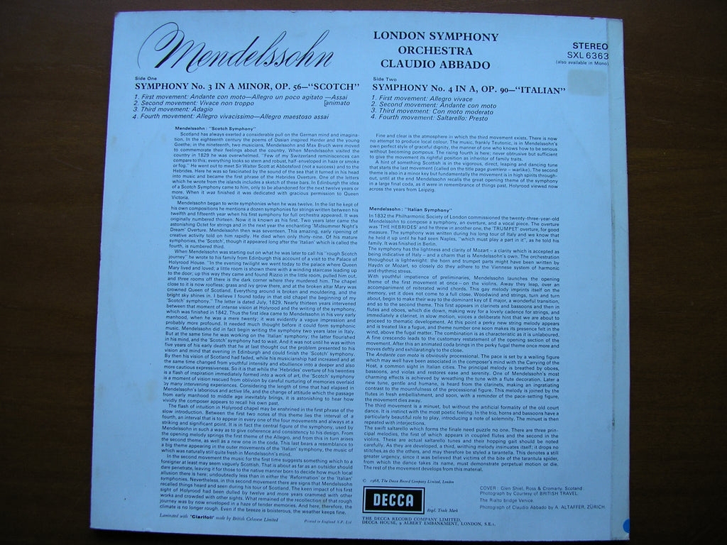 SXL 6363  MENDELSSOHN: SYMPHONIES Nos. 3 & 4       ABBADO / LONDON SYMPHONY    ED1