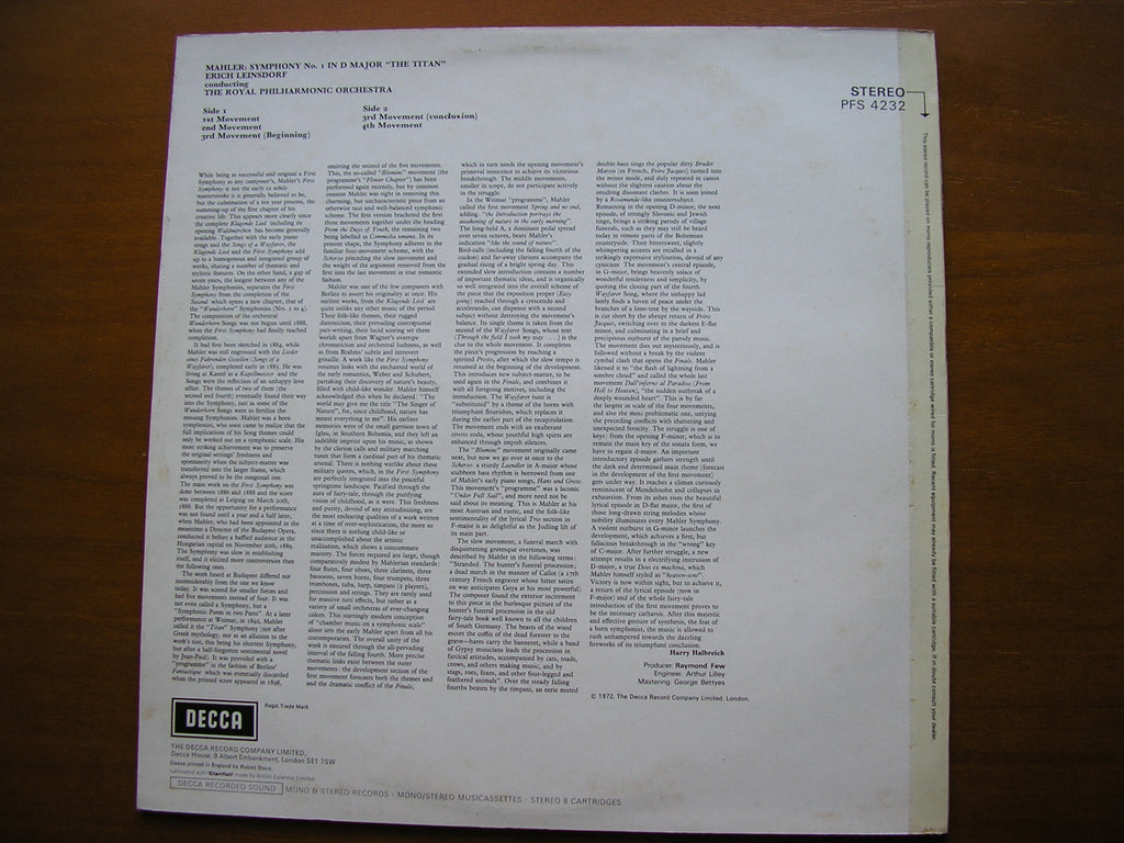 MAHLER: SYMPHONY No. 1      LEINSDORF / ROYAL PHILHARMONIC ORCHESTRA     PFS 4232