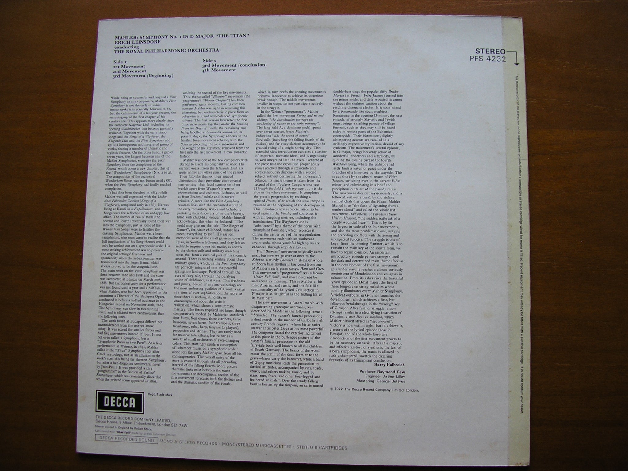 MAHLER: SYMPHONY No. 1      LEINSDORF / ROYAL PHILHARMONIC ORCHESTRA     PFS 4232