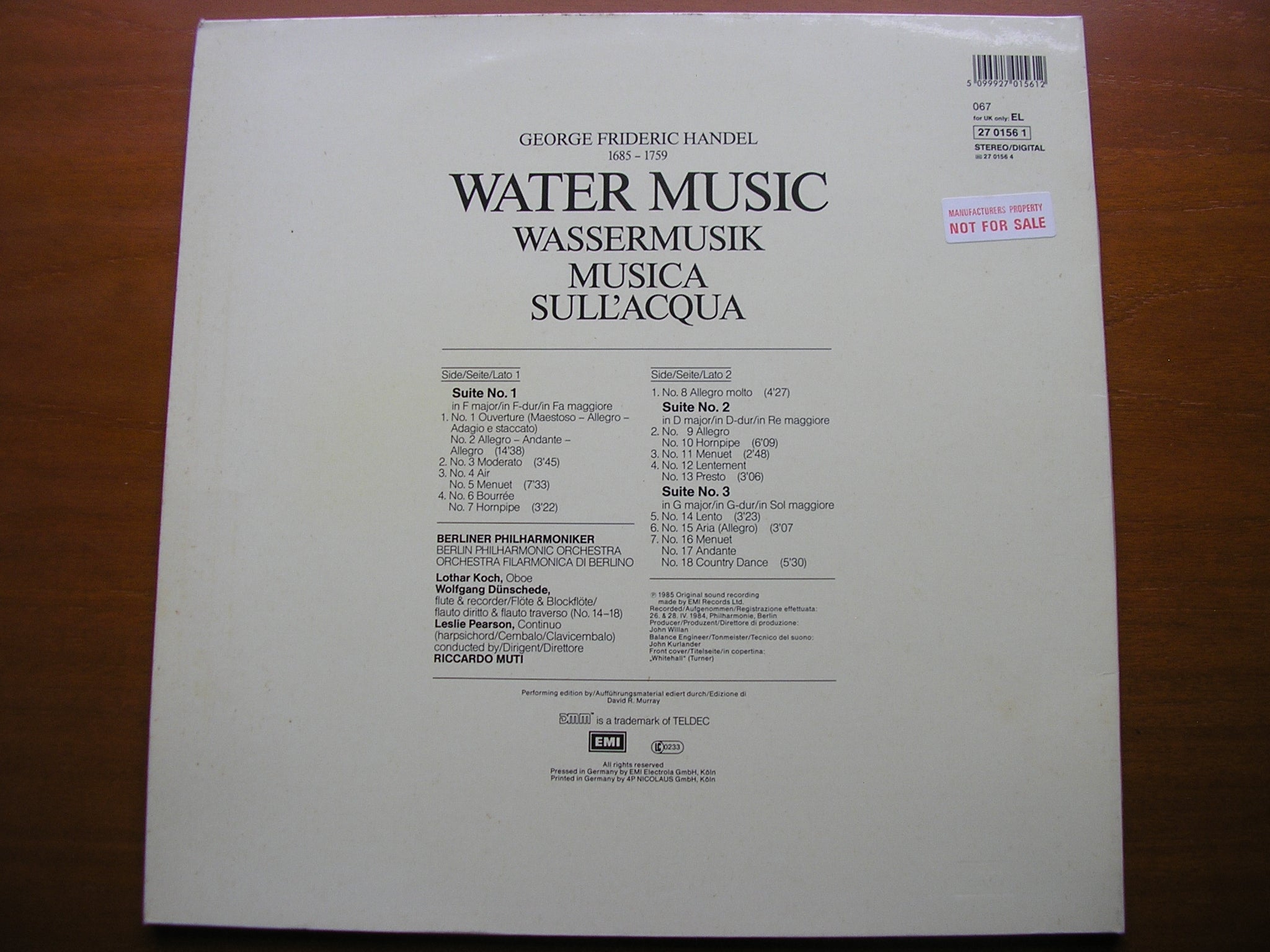 HANDEL: WATER MUSIC    RICCARDO MUTI / BERLIN PHILHARMONIC   27 0156