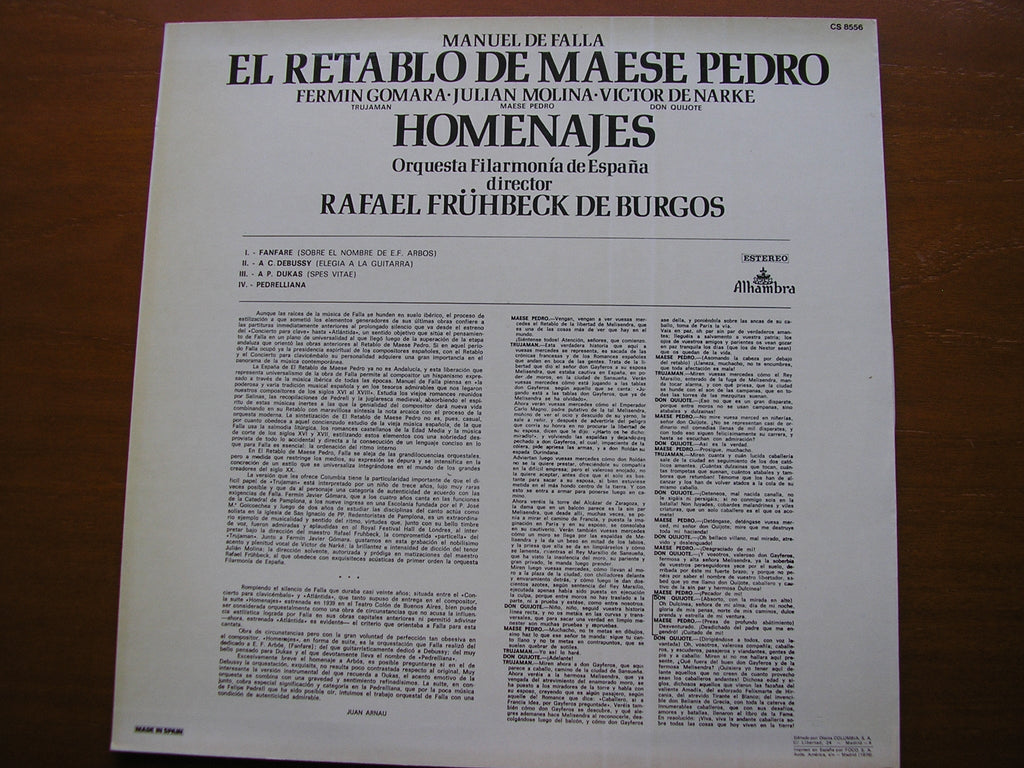 FALLA: MASTER PETER'S PUPPET SHOW / HOMENAJES     SOLOISTS / SPANISH NATIONAL ORCHESTRA / DE BURGOS    CS 8556
