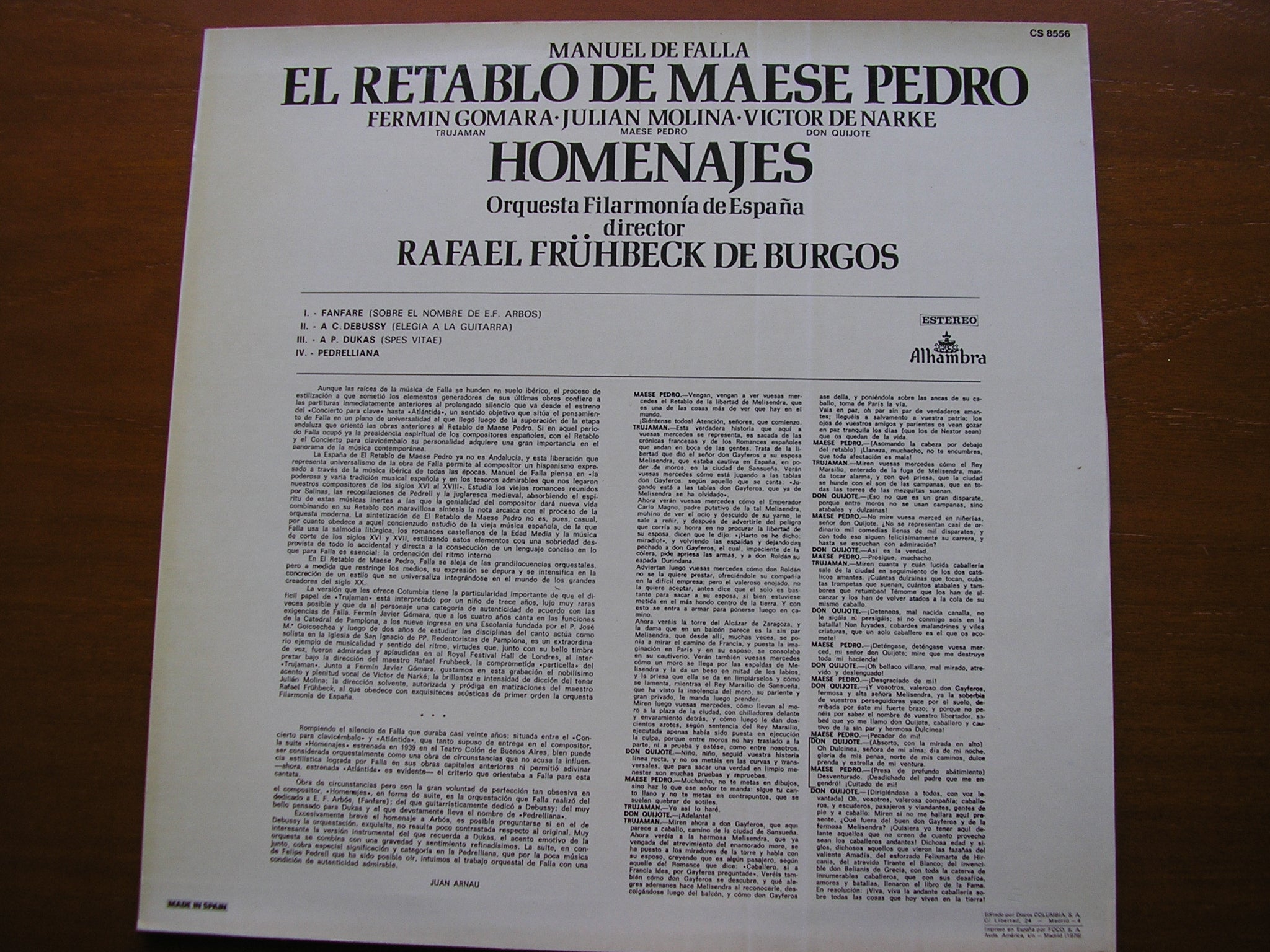 FALLA: MASTER PETER'S PUPPET SHOW / HOMENAJES     SOLOISTS / SPANISH NATIONAL ORCHESTRA / DE BURGOS    CS 8556