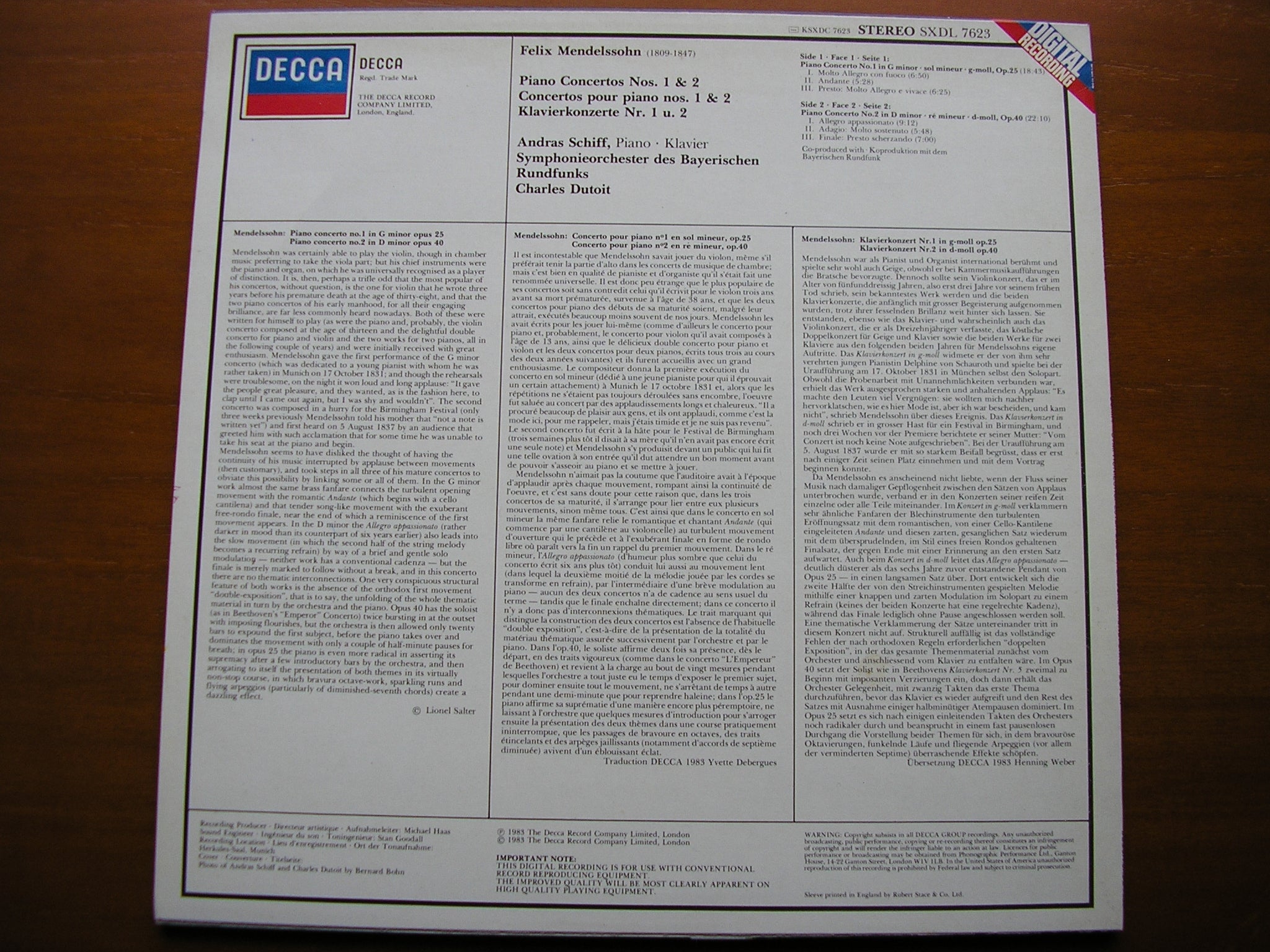 MENDELSSOHN: PIANO CONCERTOS Nos. 1 & 2    SCHIFF / BAVARIAN RADIO SYMPHONY / DUTOIT    SXDL 7623