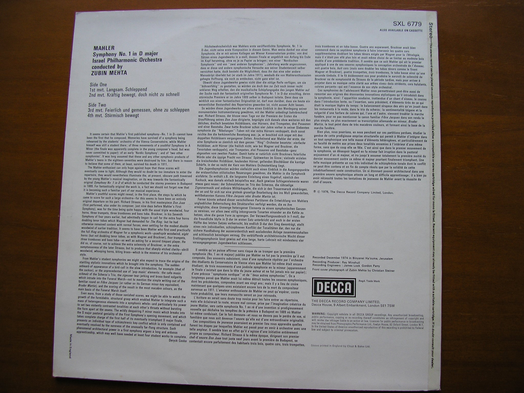 MAHLER: SYMPHONY No. 1      MEHTA / ISRAEL PHILHARMONIC      SXL 6779