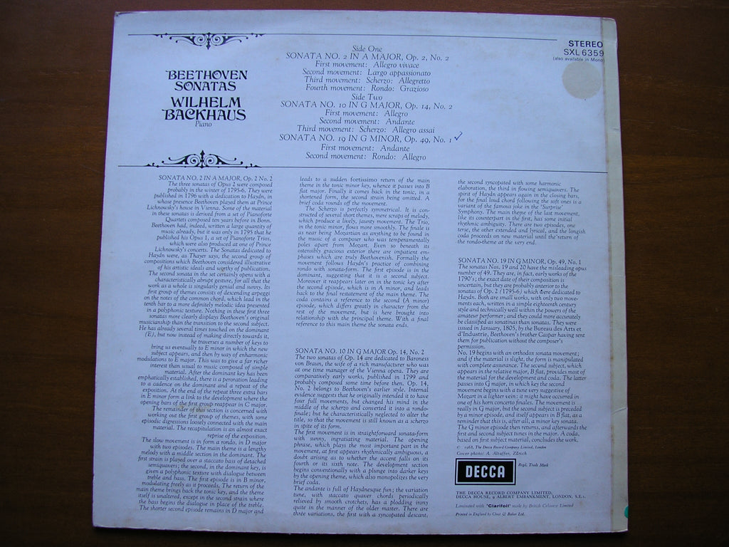 SXL 6359  BEETHOVEN: PIANO SONATAS Nos. 2 / 10 / 19        BACKHAUS     ED2