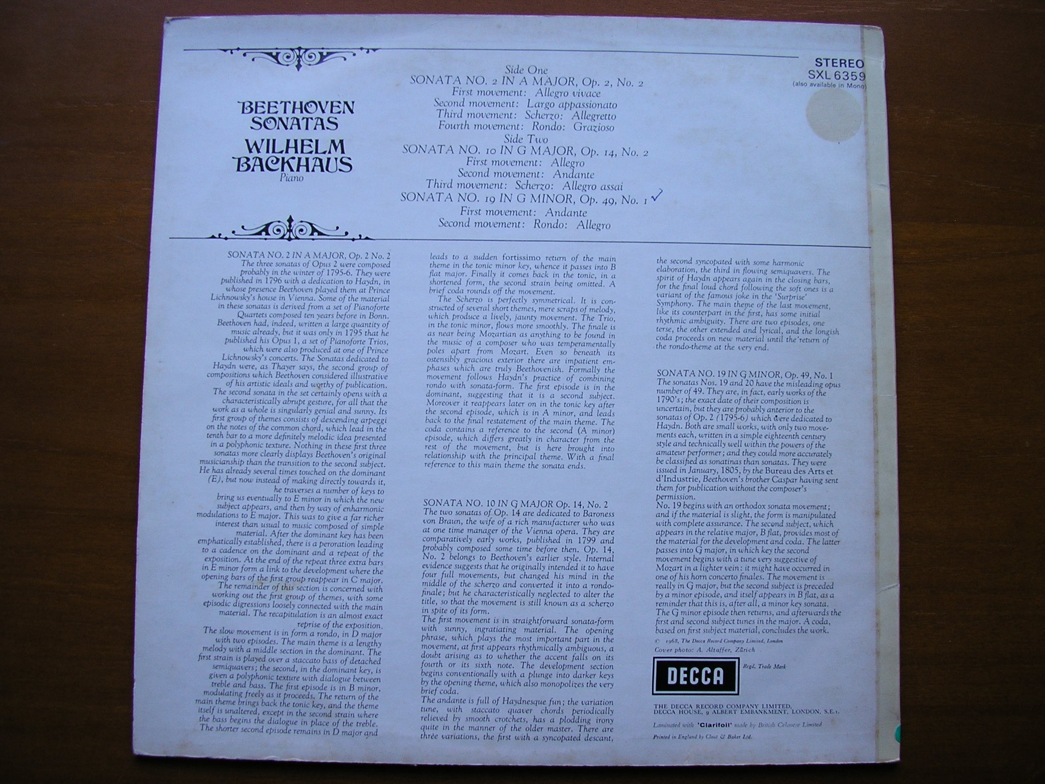SXL 6359  BEETHOVEN: PIANO SONATAS Nos. 2 / 10 / 19        BACKHAUS     ED2