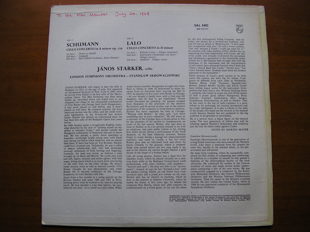 SCHUMANN: CELLO CONCERTO / LALO: CELLO CONCERTO    STARKER / LONDON SYMPHONY / SKROWACZEWSKI     SAL 3482