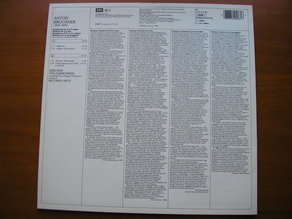 BRUCKNER: SYMPHONY No. 6      MUTI / BERLIN PHILHARMONIC ORCHESTRA    7 49408