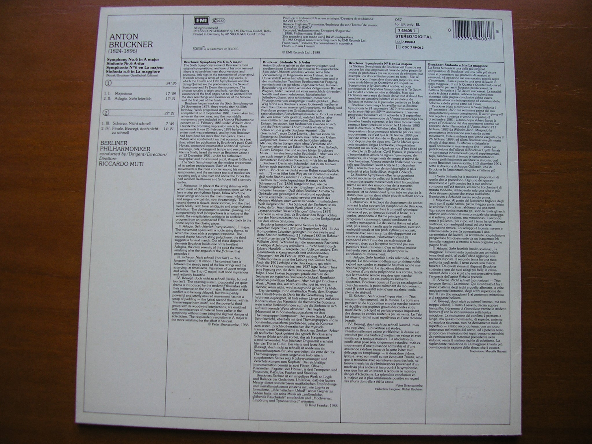 BRUCKNER: SYMPHONY No. 6      MUTI / BERLIN PHILHARMONIC ORCHESTRA    7 49408