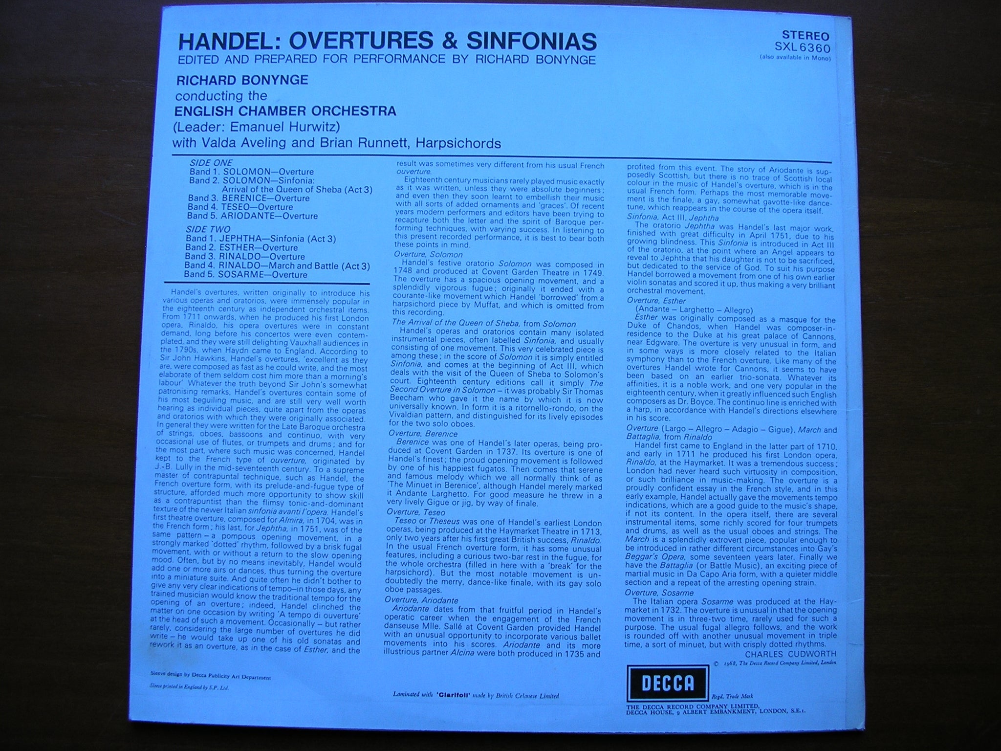 SXL 6360  HANDEL: OVERTURES & SINFONIAS      BONYNGE / ENGLISH CHAMBER ORCHESTRA     ED2
