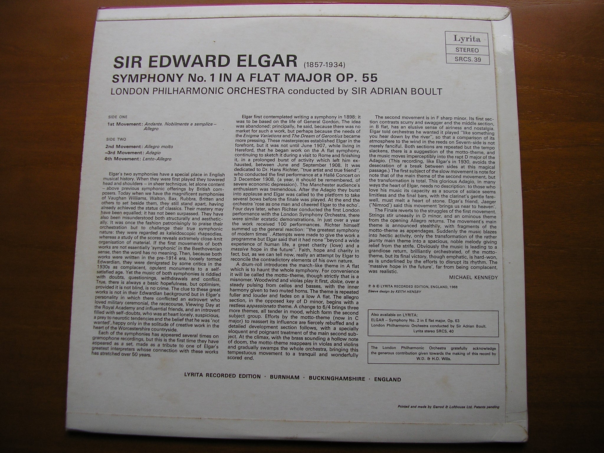 ELGAR: SYMPHONY No. 1     BOULT / LONDON PHILHSRMONIC    SRCS 39