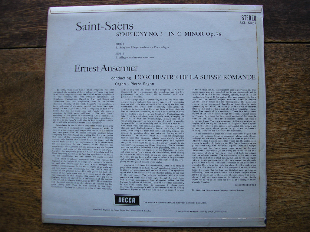 SXL 6027 SAINT - SAENS: SYMPHONY No. 3 ANSERMET / SUISSE ROMANDE
