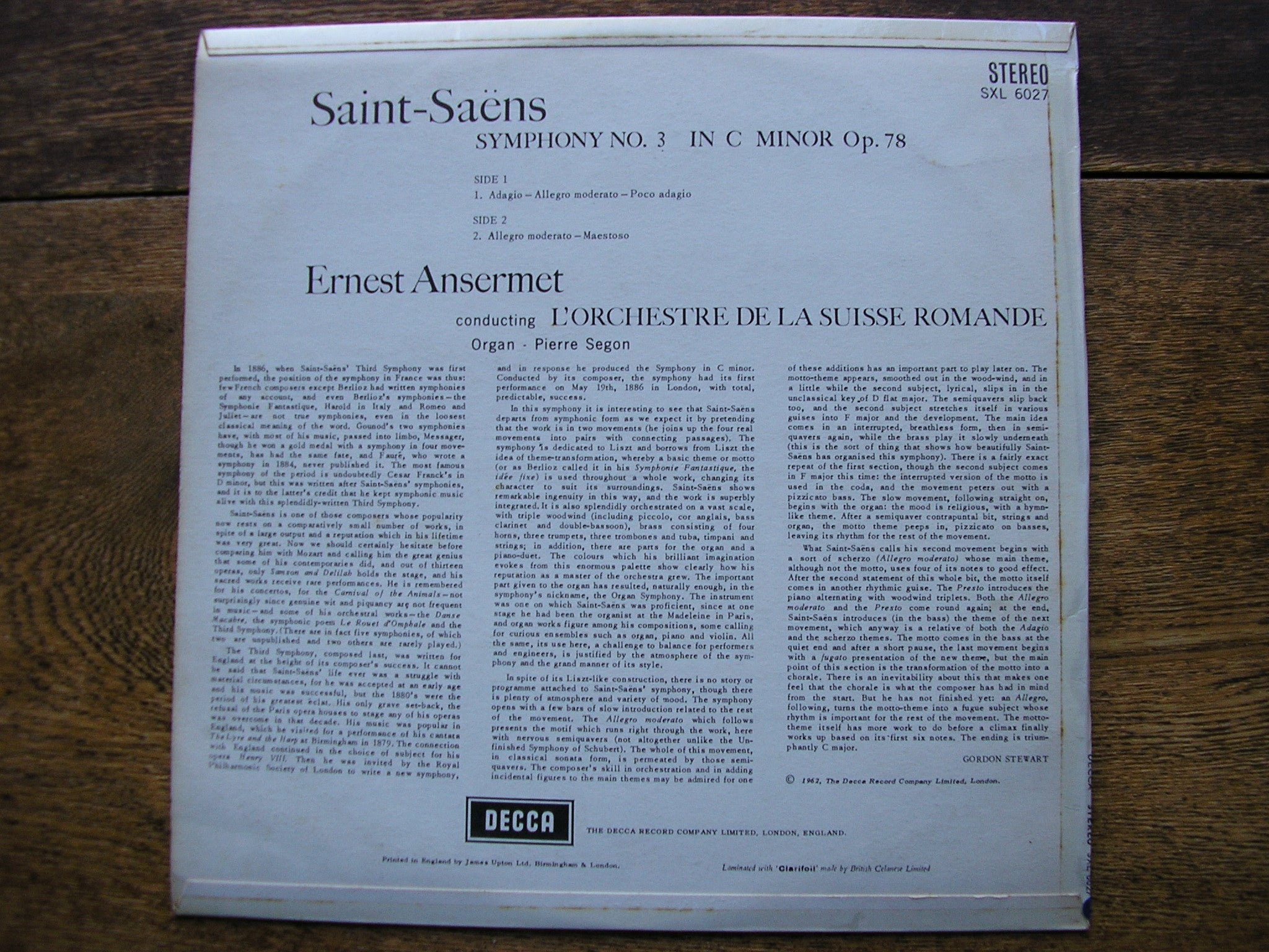 SXL 6027 SAINT - SAENS: SYMPHONY No. 3 ANSERMET / SUISSE ROMANDE