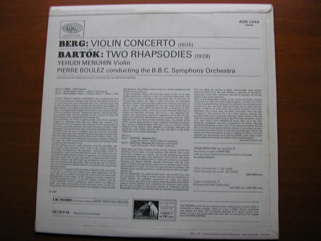 BERG: VIOLIN CONCERTO / BARTOK: TWO RHAPSODIES    MENUHIN / BBC SYMPHONY / BOULEZ     ASD 2449