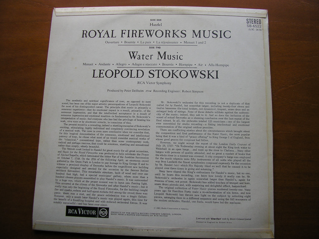 HANDEL: WATER MUSIC / ROYAL FIREWORKS MUSIC    STOKOWSKI / RCA VICTOR SYMPHONY    SB 6522