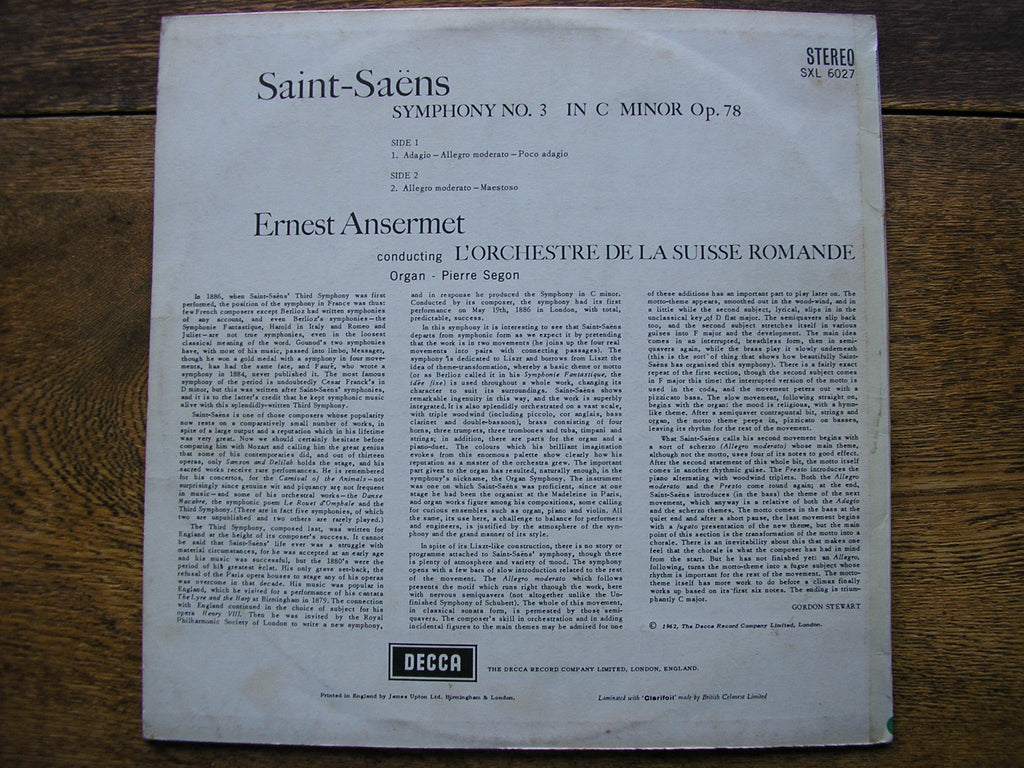 SXL 6027 SAINT - SAENS: SYMPHONY No. 3 ANSERMET / SUISSE ROMANDE