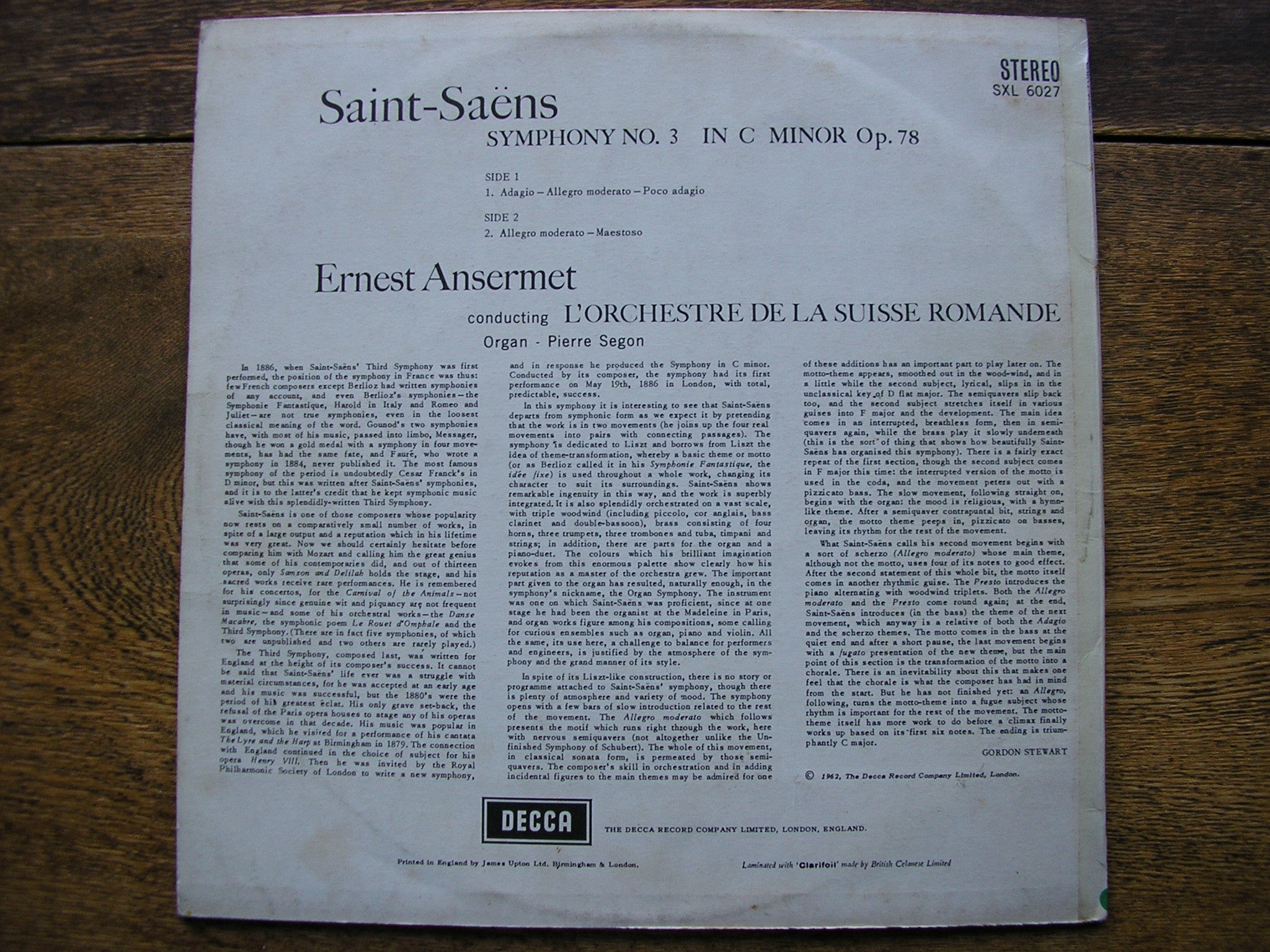 SXL 6027 SAINT - SAENS: SYMPHONY No. 3 ANSERMET / SUISSE ROMANDE