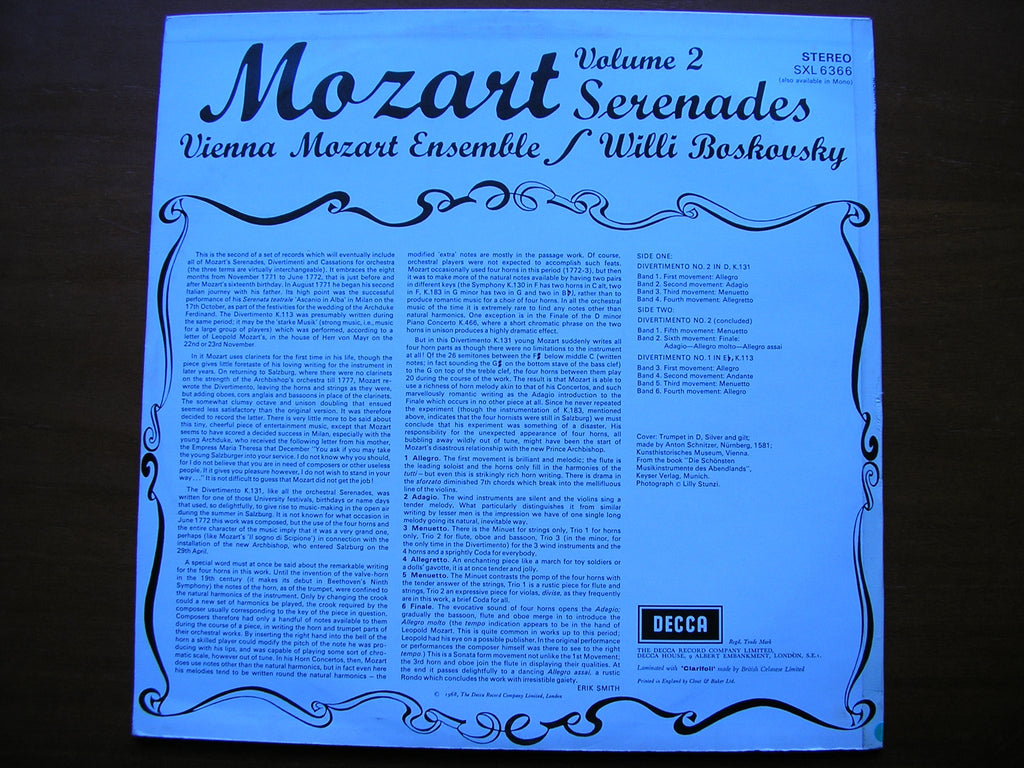 SXL 6366  MOZART: SERENADES  Volume 2    DIVERTIMENTI K113  & K131       BOSKOVSKY / VIENNA MOZART ENSEMBLE     ED2