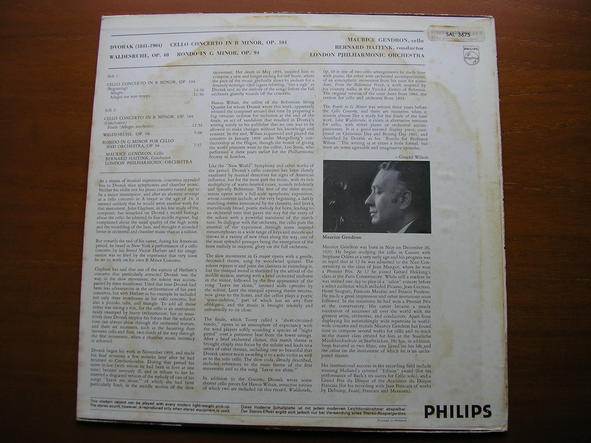 DVORAK: CELLO CONCERTO / WALDESRUHE / RONDO in G    GENDRON / LONDON PHILHARMONIC / BERNARD HAITINK    SAL 3675