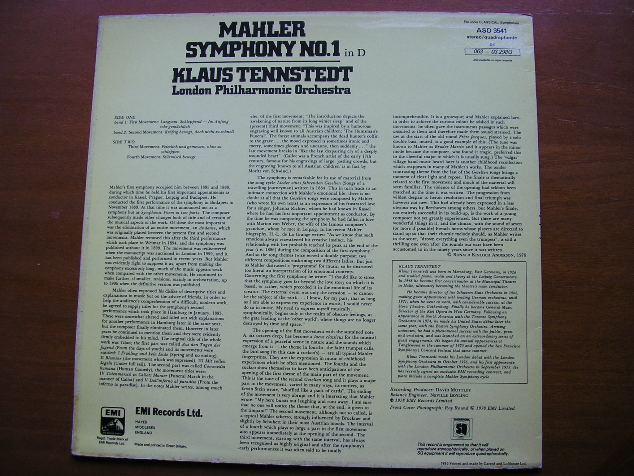 MAHLER: SYMPHONY No. 1      TENNSTEDT / LONDON PHILHARMONIC     ASD 3541