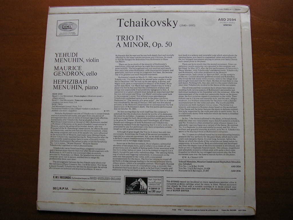 TCHAIKOVSKY: PIANO TRIO in A      YEHUDI & HEPHZIBAH MENUHIN / MAURICE GENDRON      ASD 2594