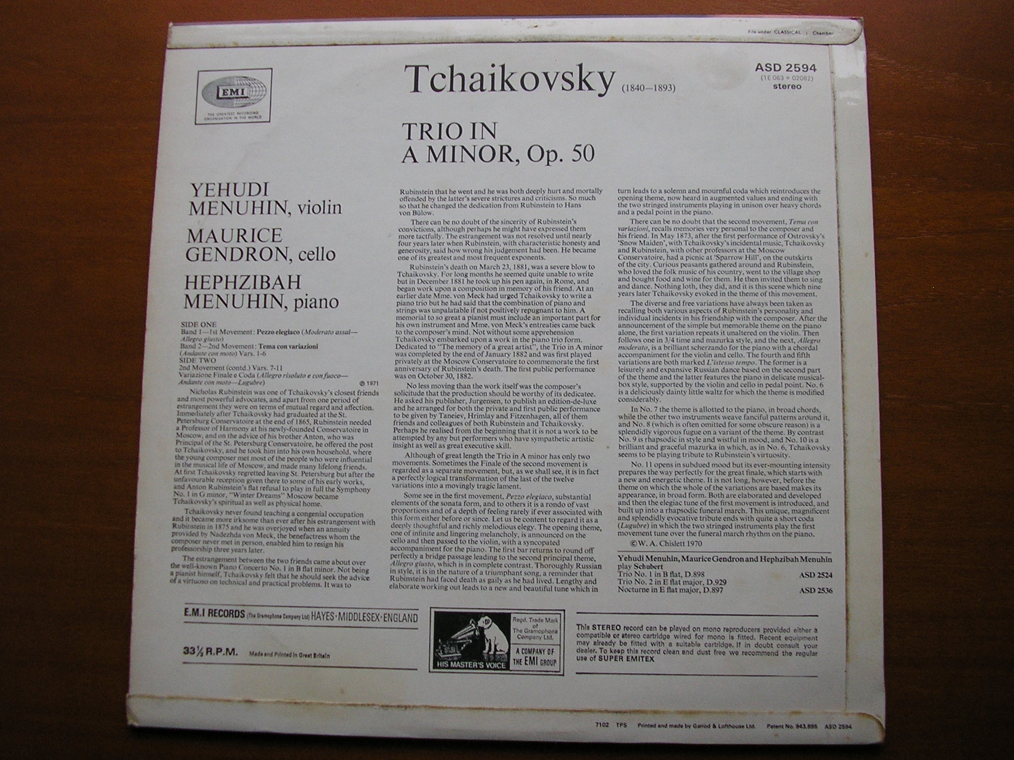 TCHAIKOVSKY: PIANO TRIO in A      YEHUDI & HEPHZIBAH MENUHIN / MAURICE GENDRON      ASD 2594