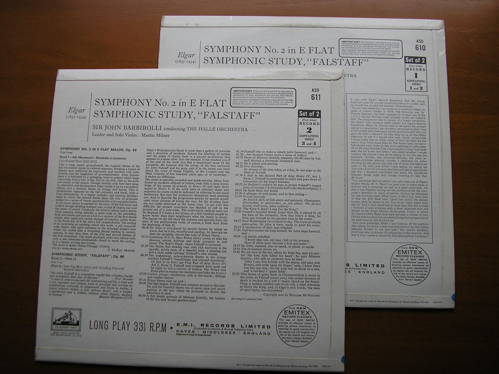 ELGAR: SYMPHONY No. 2 / FALSTAFF     BARBIROLLI / HALLE ORCHESTRA    2LP     ASD 610 / 611