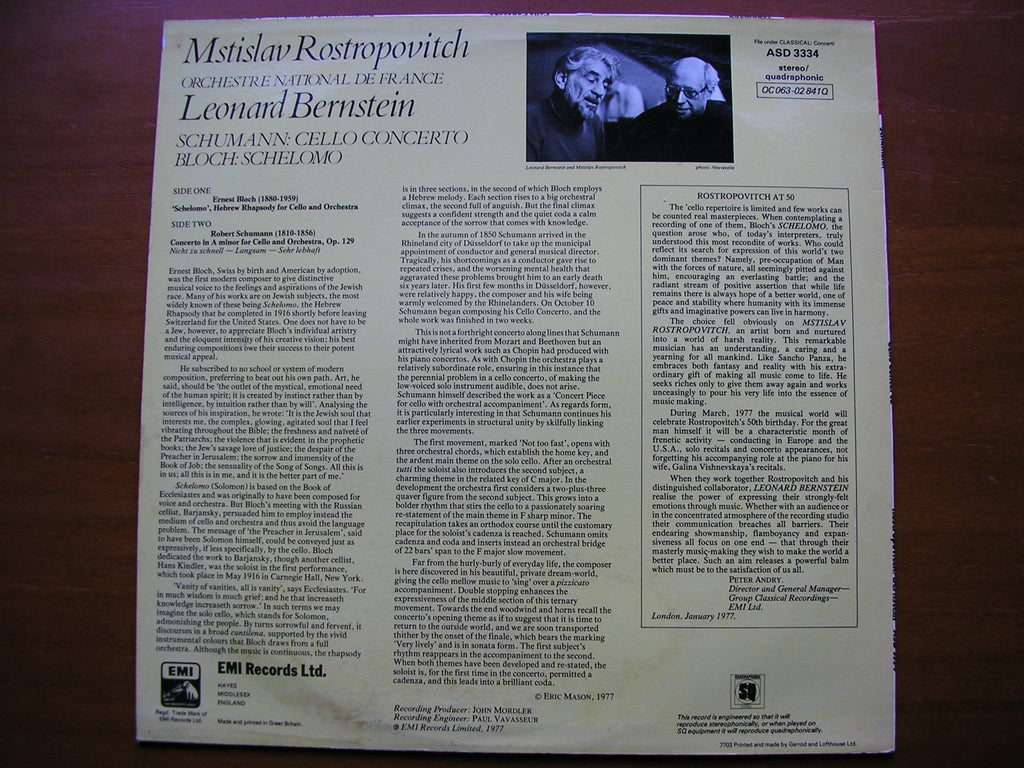 SCHUMANN: CELLO CONCERTO / BLOCH: SCHELOMO      ROSTROPOVICH / FRENCH NATIONAL ORCHESTRA / BERNSTEIN   ASD 3334