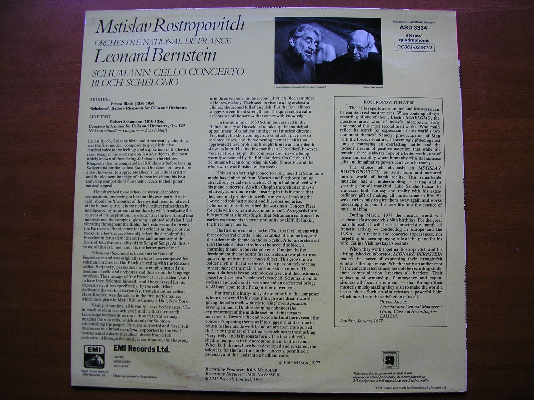 SCHUMANN: CELLO CONCERTO / BLOCH: SCHELOMO      ROSTROPOVICH / FRENCH NATIONAL ORCHESTRA / BERNSTEIN   ASD 3334