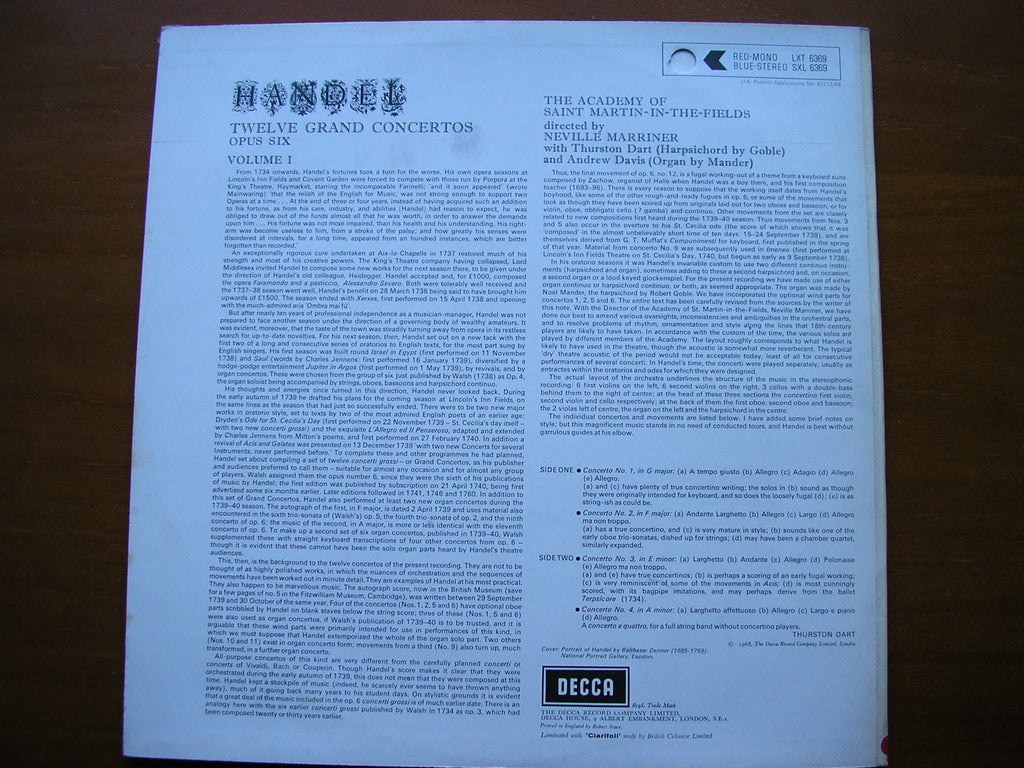 SXL 6369  HANDEL: 12 GRAND CONCERTOS Op. 6  Volume 1      MARRINER / ASMIF      ED3