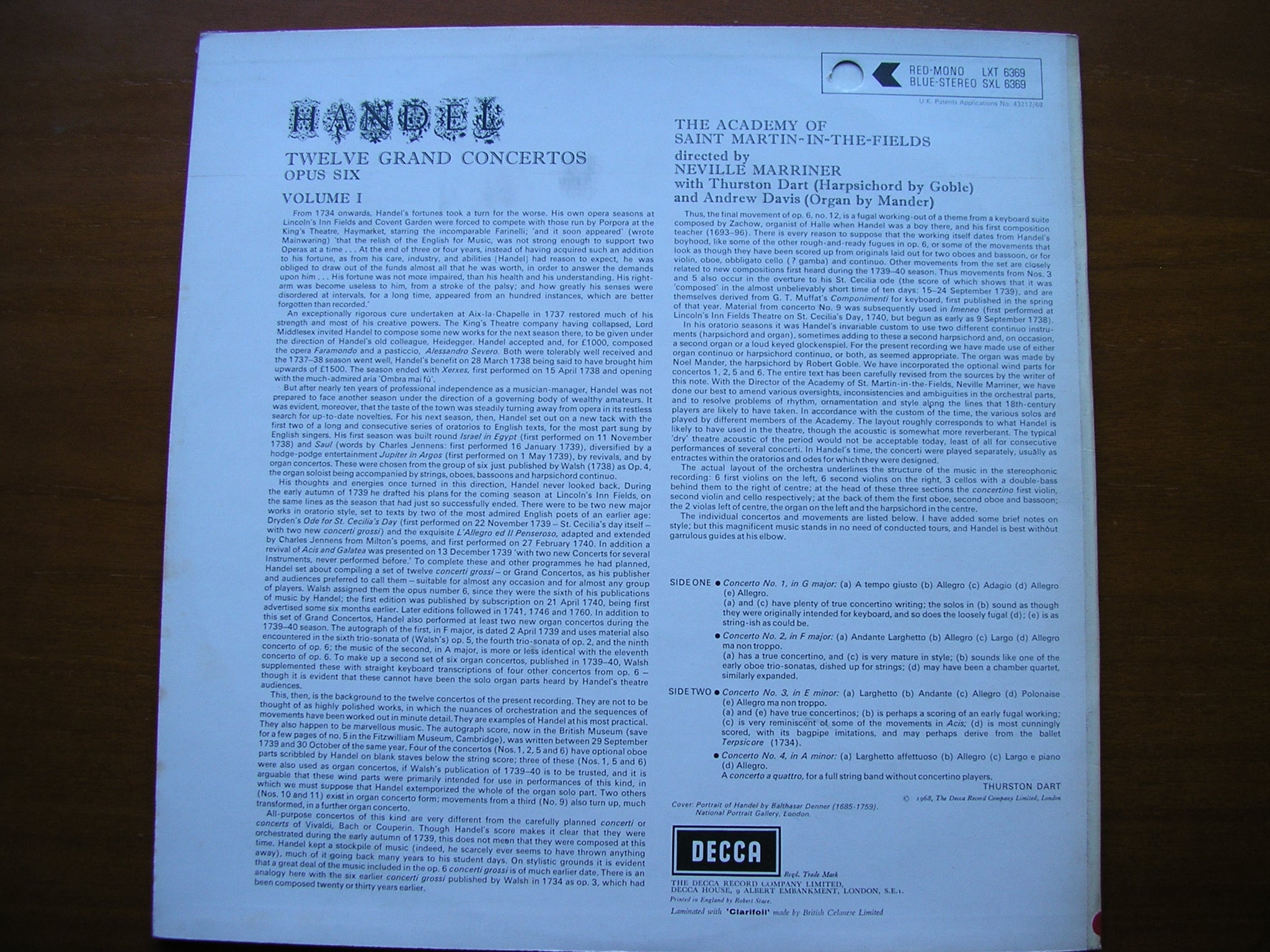 SXL 6369  HANDEL: 12 GRAND CONCERTOS Op. 6  Volume 1      MARRINER / ASMIF      ED3