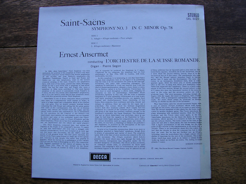 SXL 6027 SAINT - SAENS: SYMPHONY No. 3 ANSERMET / SUISSE ROMANDE