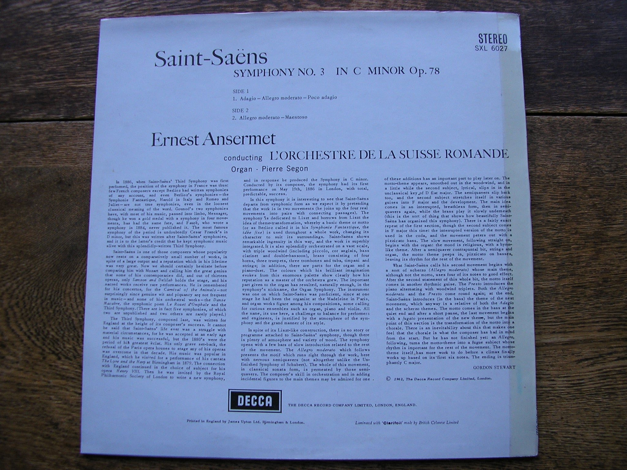 SXL 6027 SAINT - SAENS: SYMPHONY No. 3 ANSERMET / SUISSE ROMANDE