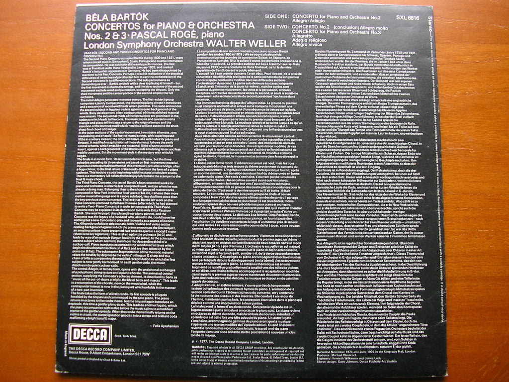 SXL 6816 BARTOK: PIANO CONCERTOS Nos. 2 & 3 ROGE / LONDON SYMPHONY ORCHESTRA / WELLER