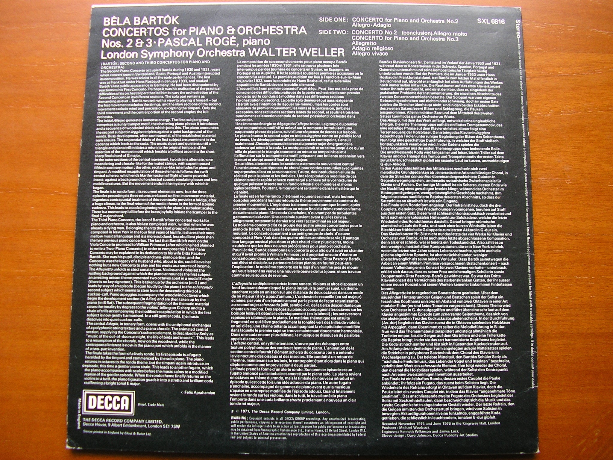 SXL 6816 BARTOK: PIANO CONCERTOS Nos. 2 & 3 ROGE / LONDON SYMPHONY ORCHESTRA / WELLER