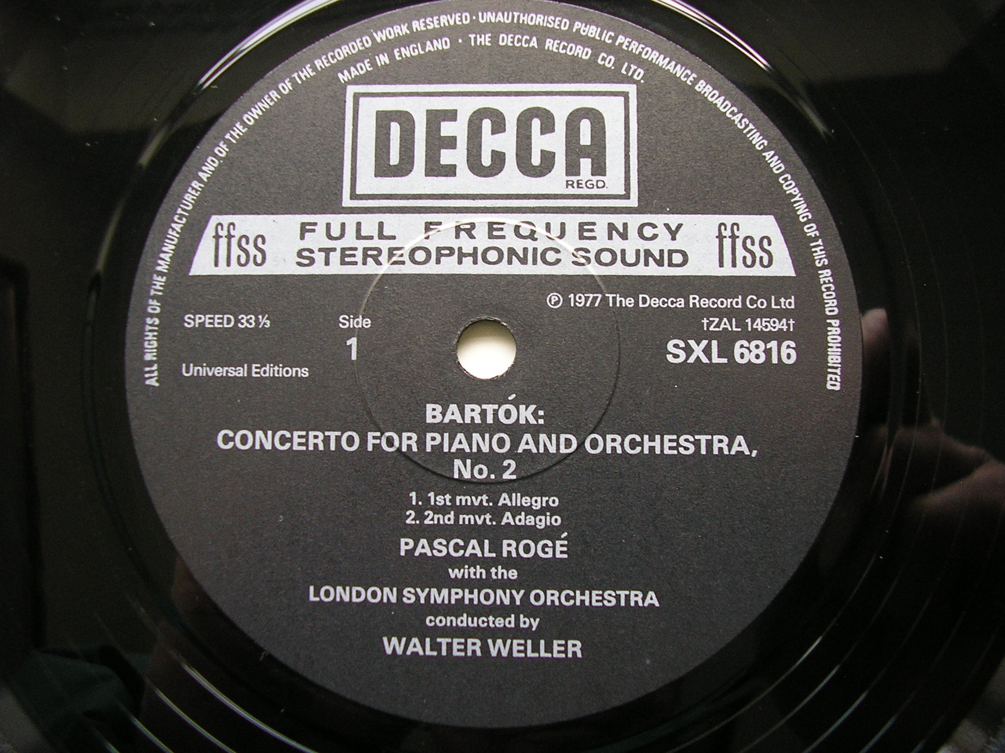 SXL 6816 BARTOK: PIANO CONCERTOS Nos. 2 & 3 ROGE / LONDON SYMPHONY ORCHESTRA / WELLER